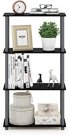 Furinno TURN-N-TUBE Storage Shelves, 4-Tier Toolless Book Shelf, Corner Shelf, Toolless Open Shelves, for Organization and Storage, Living Room, Garage, Home Office, Black