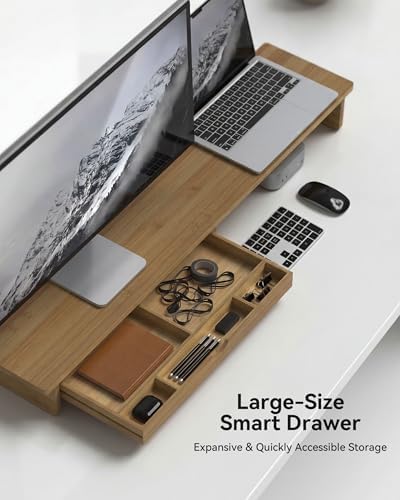 42” Monitor Stand with Large Drawer Keyboard Storage,Dark Bamboo