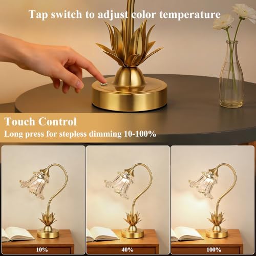 Cordless Flower Table Lamp with Glass Lampshade, 5200mAh Rechargeable Battery, 3-Color Dimmable Touch Control, Portable Desk Lamp for Nightstand, Patio, Camping, Restaurant & Home, Transparent