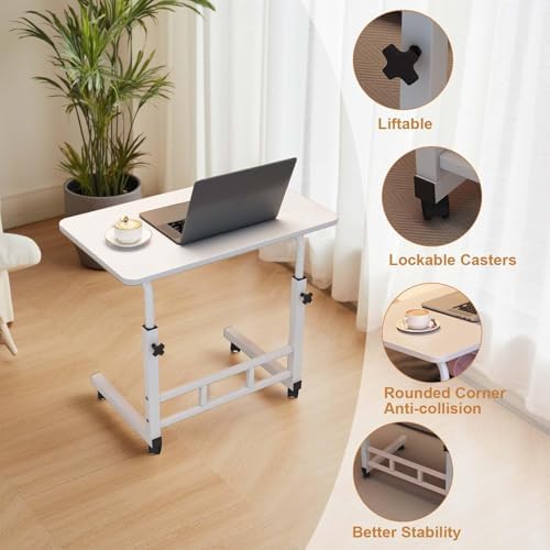 Adjustable Height Mobile Computer Desk, Small Standing Desk with Wheels, Portable Stand Up Desk, Mobile TV Tray Table Rolling Desk for Home Office, Study, and Small Spaces, White