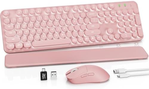 Rechargeable Backlit Wireless Keyboard and Mouse Combo, Retro Typewriter Keyboard with Magnetic Wrist Rest, Light Up Letters, 2.4GHz Cordless Connection for Mac, Windows PC, Laptop (Glowing Pink)