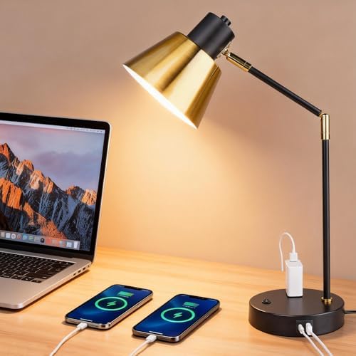 Modern Desk Lamp with USB & AC Outlet,270° Swivel (Bulb Not Included)