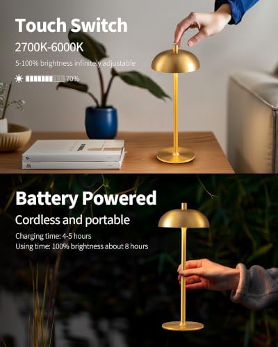 12" Cordless Table Lamps Set of 2, Gold Modern Portable Desk Lamp