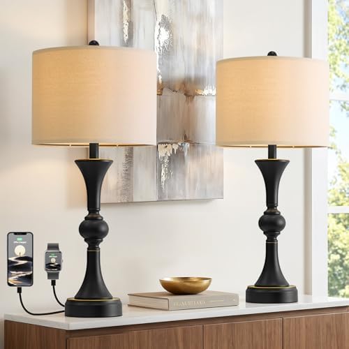 Oneach 28" Black Tall Table Lamps Set of 2 for Living Room, USB Ports