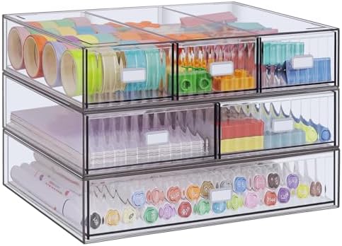3 Tier Stackable Desk Organizer with 6 Drawers, YOCOMEY Plastic Desktop Storage Box Drawers, Detachable Makeup Storage Office Stationery Supplies Organizer for Office School(Clear)