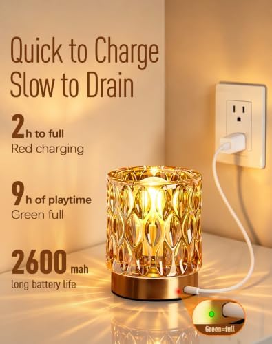 Cordless Mini Crystal Rechargeable Table Lamp No Plug with Touch Control