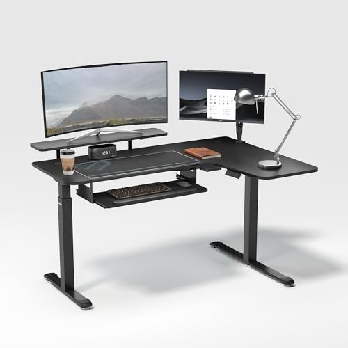 EUREKA ERGONOMIC 55 Inch L Shaped Electric Standing Desk, Height Adjustable Computer Gaming Desk with Keyboard Tray, Mouse Pad, Home Office Work,Carbon Fiber Black, Right Side