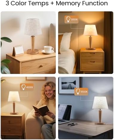 12" Wood Bedside Table Lamps Set of 2, Small Desk Lamps for Small Places, 3 Color Temperatures with Memory, Beige Linen Shade & E26 Bulbs, for Bedroom Living Room Office ME13TLP205