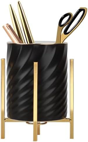 Modern Art Pen Holder, Black Porcelain Pencil Organizer Cup for Countertop Desk Accessory Storage