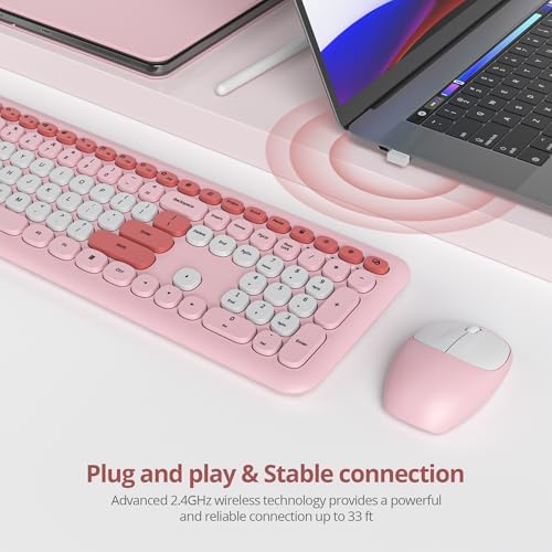 surmen Cute Wireless Keyboard and Mouse Combo, Pink Wireless Keyboard with Silent Mouse, Full Size Slim Low-Noise Soft Touch Round Keys for Home and Office,（6-Pink）
