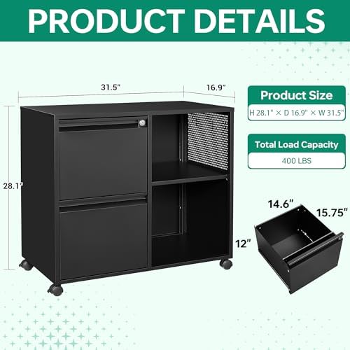 Letaya Mobile File Cabinet, Metal Lateral Rolling Printer Stand Filing Cabinets with Shelves for Home Office-Storage A4/F4 (Black)