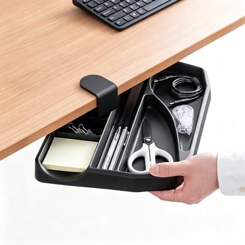 Clamp-On Under Desk Organizer, 360° Swivel Tray & 5-Height Keyboard Tray, No-Drill Mount, Hidden Mouse Pad Storage, Fits 0.59-1.57" Desks, Black/Gray-White, Black, Single Storage Tray