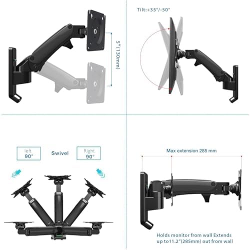 NB AV Mount F120 Monitor Arm, Wall Mount for 17-27" Flat/Curved Screens (15 lbs), VESA 75x75/100x100MM, Gas Spring, Swivel Tilt Adjustable
