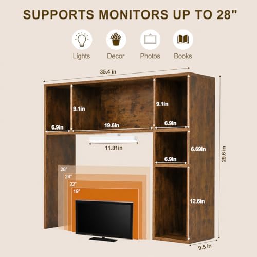 3 Tier Desktop Bookshelf with Rechargeable Eye-Friendly LED Desk Light, Desk Hutch Organizer with 5 Shelves, Wooden Desk Bookshelf for Office, Dorm and Small Space, Brown