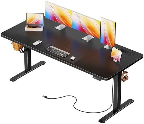 Huuger 63 X 24 Inch Electric Standing Desk with Power Outlets and USB-C Port, Height Adjustable Desk, Sit Stand Desk for Home Office, Computer & Gaming Desk with 3 Presets, Stable Steel Frame, Black