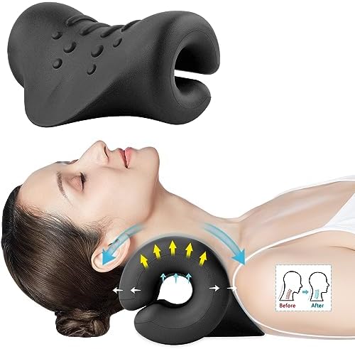 Neck Stretcher for Neck and Shoulder Pain Relief, Cervical Traction Device for TMJ Support, Ergonomic Neck Stretching Pillow, Black