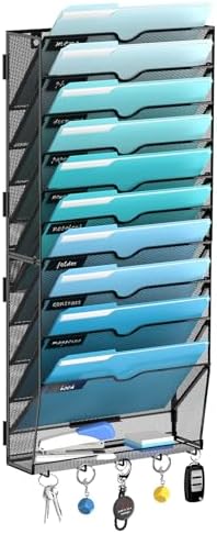 11-Tier Wall File Organizer and Mail Organizer with 5 Hooks, Black