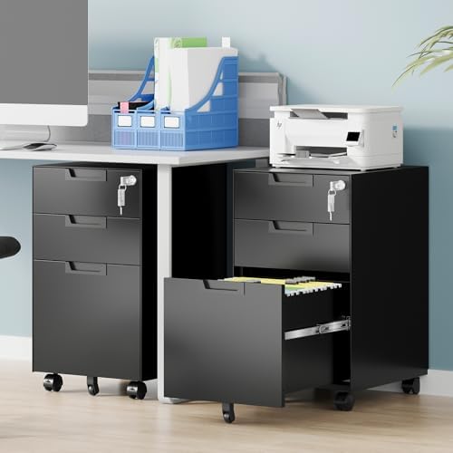 3 Drawer File Cabinet with Lock, Fully Assembled Metal Mobile Filing Cabinets for Home Office, Small Rolling File Caninet on Wheels for Legal/Letter / A4 File, Black