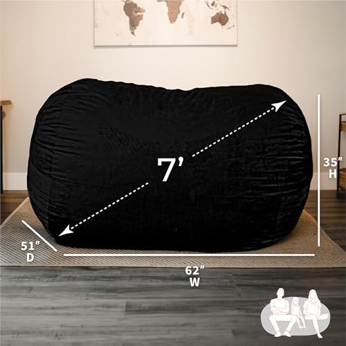 Big Joe Fuf 7Ft Giant Foam Bean Bag Chair, Oversized Couch with Removable Cover for Kids, Teens, Adults, Jet Black Plush, Soft Polyester, 7 Foot