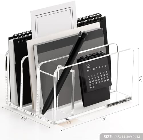 SANRUI Acrylic Mail Sorter Desk Organizer with Pen Holder, 3 Compartments