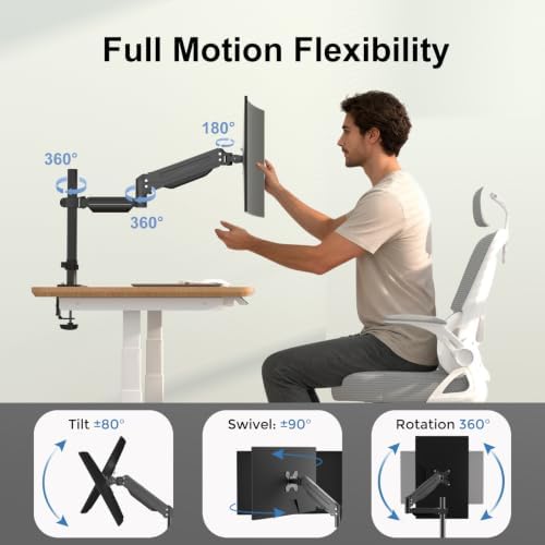 suptek Single Monitor Arm for Desk Mount Stand,Adjustable Monitor Arm for 17 to 32 inch Screen, Support Weight up to 22lbs, Mounting Holes 75x75mm to 100x100mm, ,Pneumatic Pole Mount Arm Black