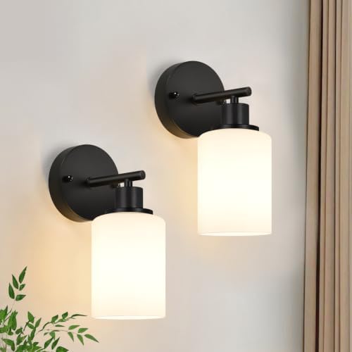 Set of 2 Wall Sconces for Bathroom,Black Modern Vanity Lights with Milky White Frosted Glass Shades,Bathroom Wall Lamp, for Bathroom, for Mirror, Living Room, Kitchen, Hallway, Cabinet, Porch