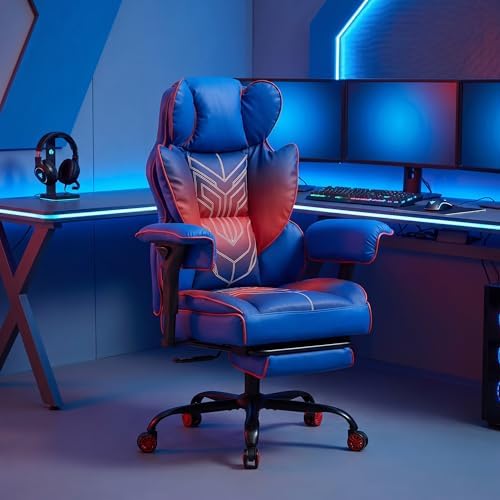 Big and Tall Gaming Office Chair 400lbs - Heavy Duty Ergonomic Computer Desk Chair with Footrest, Adjustable Armrests, High Back PU Leather with Racing Style (Blue/Red)