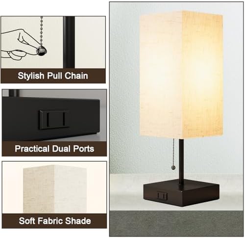 YIDPU Table Lamp for Bedroom,Nightstand Lamp for Bedside with AC Outlets,Adjustable 3color LED Light Desk Lamp for Home Decor,Included Bulb and Lamp Shade (Linen White-onlyAC, 2PCS)