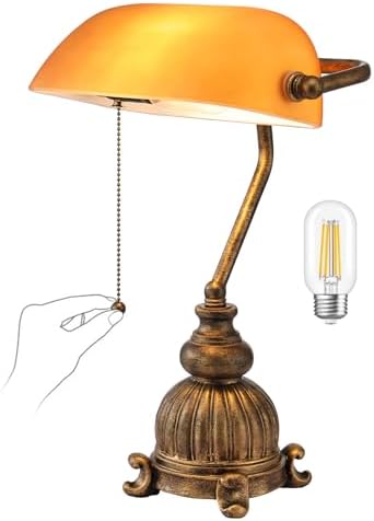Retro Amber Glass Bankers Desk Lamp,LED Bulb Included