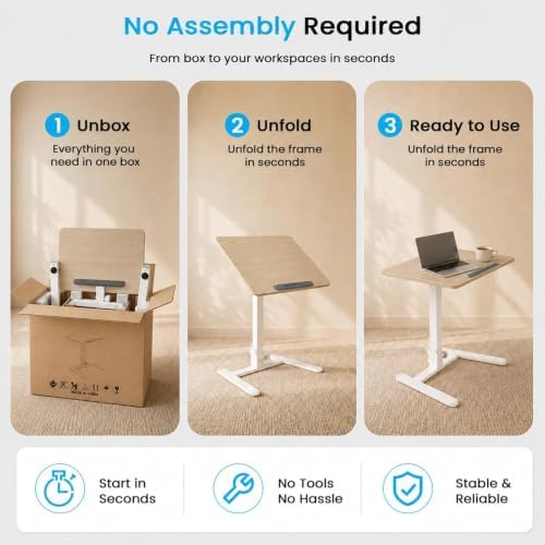 25" Mobile Folding Desk, Pneumatic No-Assembly Standing Desk, Maple