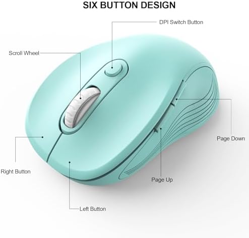 WisFox 2.4GHz Wireless Mouse for Laptop, Ergonomic 6-Button, Mint Green