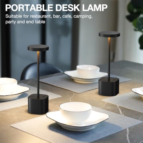 Cordless Rechargeable Table Lamp, 4000mAh Battery Operated, Black, 2 Pack