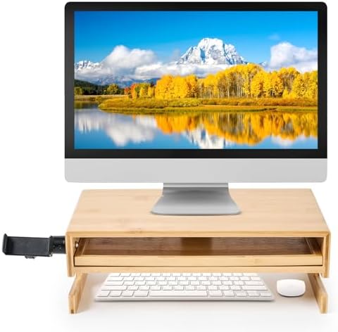 Wood Monitor Stand Riser Organizer for Desk Top with Storage Drawer & Phone Holder,Bamboo Monitor Stand with Keyboard Tray, Non Slip Desk Riser, Desk stand for computer monitor