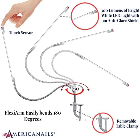 Americanails FlexiLamp Touch - LED Table Desk Lamp - Removable Clamp - Adjustable Lighting for Nail Stations - Manicure Table Light - Flexible Arm – 3 Brightness Levels - Touch Sensor - 300 Lumens