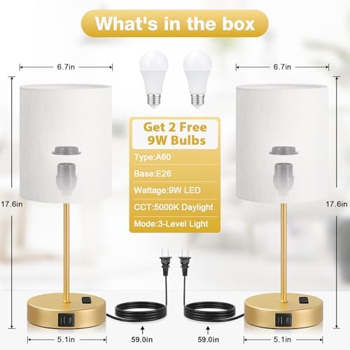 17.6" Gold Touch Lamps for Bedroom Set of 2 - Dimmable, USB C+A, AC Outlet