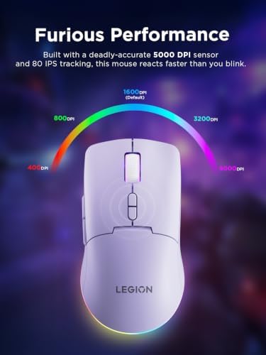 Lenovo Legion M220 Wireless RGB Gaming Mouse, Tri-Mode (Bluetooth, 2.4GHz & Wired), 5000 DPI Optical Sensor, 2-Zone RGB Lighting, 100Hr Battery, 7 Buttons, USB-C Rechargeable, Aurora Purple