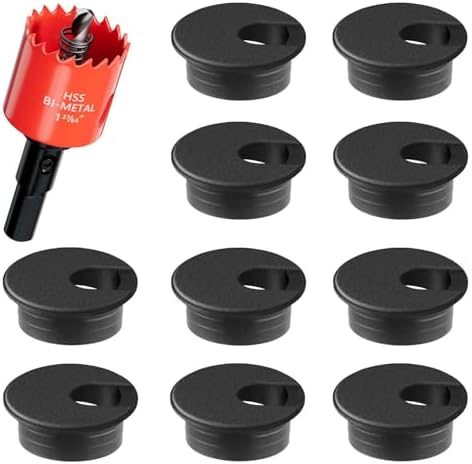 Desk Grommet & Cable Grommet 1-3/8 Inch (10 Pack) - Black Cord Hole Cover with Hole Cutter - Cable Management Kit for Office Desk, TV Stand, Workstation - Hide Wires Behind Wall, Cable Pass Through