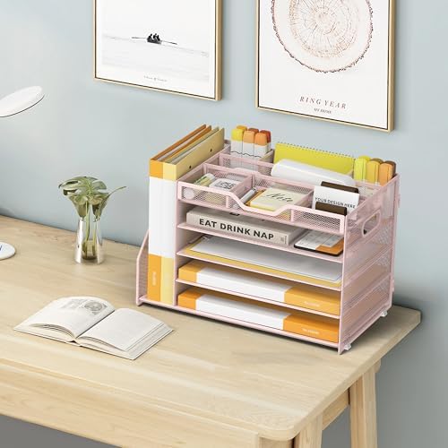 5 Tier Paper Letter Tray Desk Organizer with Pen Holders - Pink