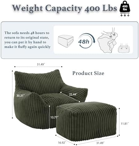 Gericco Oversized Bean Bag Chaise Lounge Chair with Ottoman for Adults