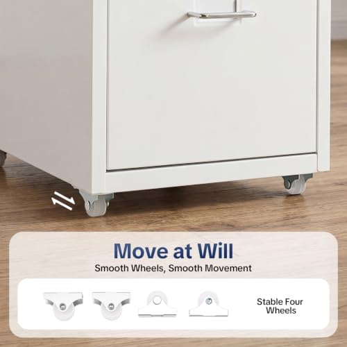 3 Drawer File Cabinet with Lock, Freestanding Filing Metal Drawers Organizer Vertical Metal Rolling Organizer Movable Under Desk Cabinet with Wheels for Home Office Living Room Study (3 Tiers White)