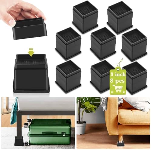 8 Pack Furniture Risers 3 Inch, Adjustable Bed Risers Heavy Duty for Table Desk Couch Chair Sofa Cabinet Bed Frame Dorm, Square Stackable Table Leg Risers Lift Height 1", 2” or 3", Black