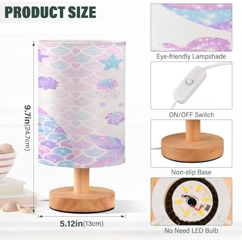 ALAZA Mermaid Starfish Jellyfish Seashell Decor Bedside Table Lamp with USB Port for Bedroom Nightstand Office Desk LED Bulb Included