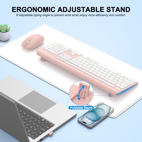 Wireless Keyboard and Mouse Combo, Full-Size Silent Ergonomic Keyboard and Optical Mouse, Long Battery Life, 2.4G Lag-Free Mice Keyboard for Computer,Mac,Laptop,PC,Windows(White Pink)