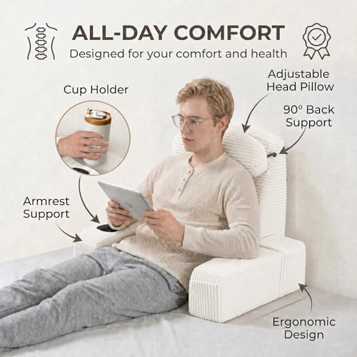 Reading Pillow for Adults, Back Pillow for Bed Sitting Up, Backrest Pillow for Sitting in Bed, Detachable Arms with Built-in Cup & Phone Caddy (Beige-Corduroy, 19 INCH)