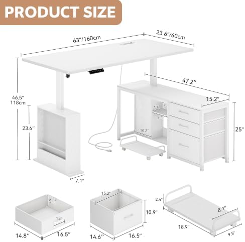 63'' L Shaped Desk with 3 Drawers Electric Standing Desks White