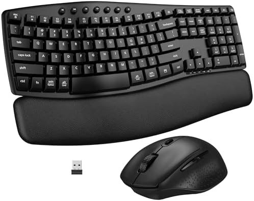Ergonomic Wireless Keyboard Mouse Combo, EDJO Bluetooth/2.4G Dual-Mode Connection, Soft Foam Wrist Rest, Silent Typing, Waves Key Design and 3-Level DPI Adjustable Wireless Mouse for Windows, Mac OS