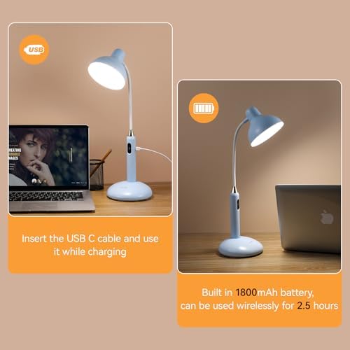 VAVOFO Wireless LED Desk Lamp with Touch Control - Adjustable 2700-7000K Color Temperature, 700LM Brightness, 360° Flexible Gooseneck, USB-C Charging, 2.5hrs Cordless Use (Blue)