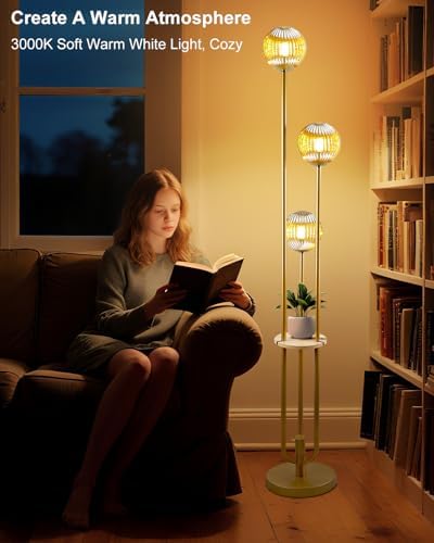Globe Glass Floor Lamp with Table, Gold Tall Standing Lamps Dimmable, 3000K Warmwhite Mid Century Modern Floor Lamp with 5Lbs Heavy Base for Living Room/Bedroom