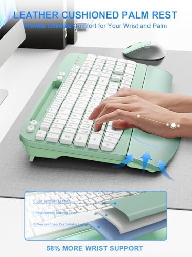 Hayyiesh Ergonomic Wave Keys Wireless Keyboard and Mouse Combo, Full Size with Memory Foam Wrist Rest & Phone Holder, 2.4G Cordless Set with USB-C Adapter for Windows Mac Desktop Laptop (Mint Green)