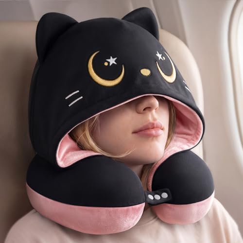 Mewaii Travel Neck Pillow, Airplane Pillow with Hood, Memory Foam, Pink